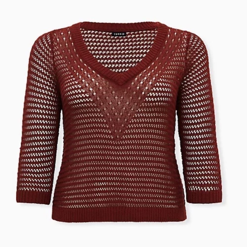 Torrid Rust Red Open Stitch & Pointelle V-Neck Cr… - image 3
